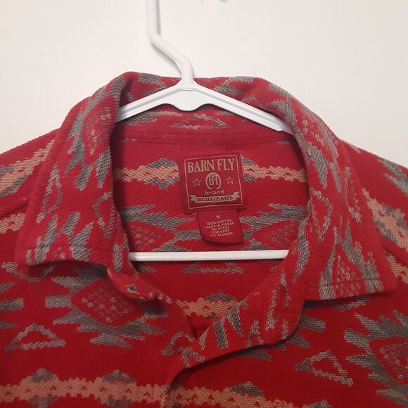 Vintage Barn Fly Shirt Mens M Aztec Red Woven Cotton Long Sleeve Button UP - Picture 3 of 8